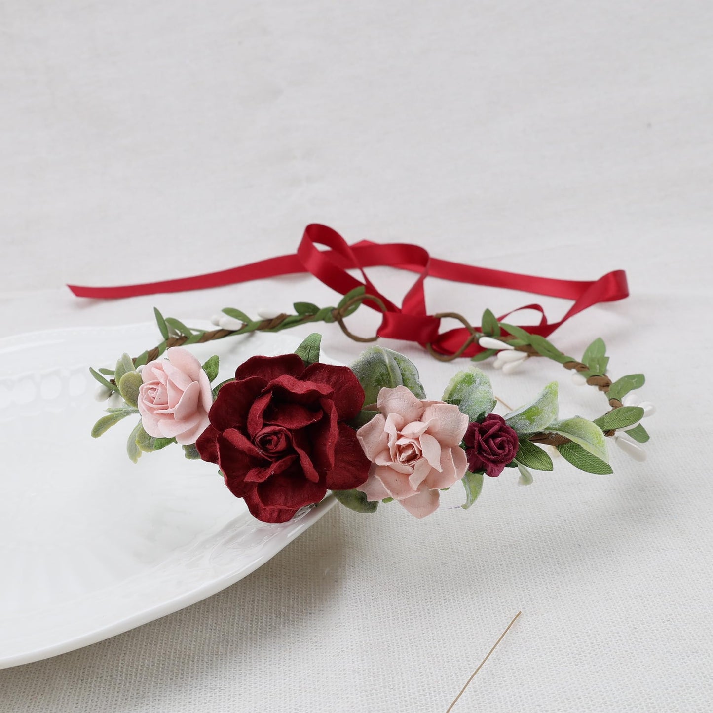 PoshMyra Flower Crown for Girls Floral Headpieces Kids Headband Wedding Halo Hair Pieces Children Hair Wreath Photo Prop (Burgundy-Child Size)