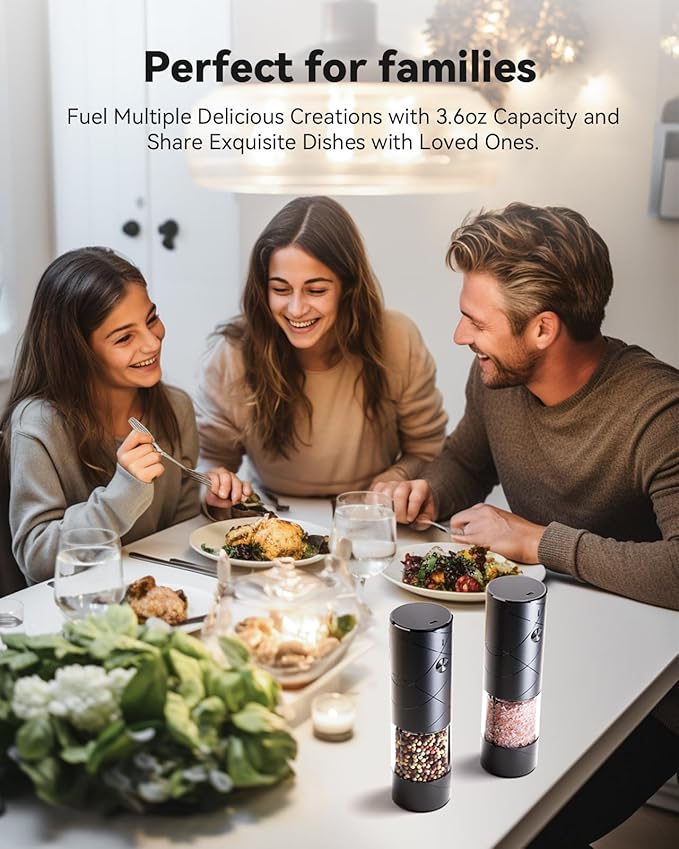 Electric Salt and Pepper Grinder Set with Adjustable Coarseness, Rechargeable Automatic Salt and Pepper Grinder Set with One Hand Operated and LED Light, Salt Grinder & Pepper Mill for Family BBQ