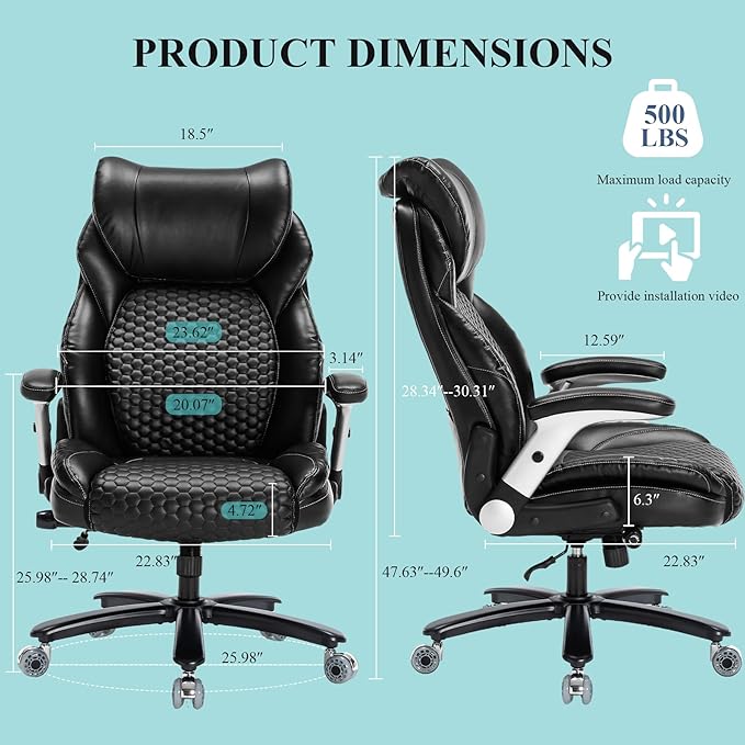 Big and Tall Office Chair,500lbs Capacity Ergonomic Desk Chair for Heavy People,PU Leather Swivel Rolling Computer Chair with Padded Flip-up Arms,High Back Executive Office Chair,Black