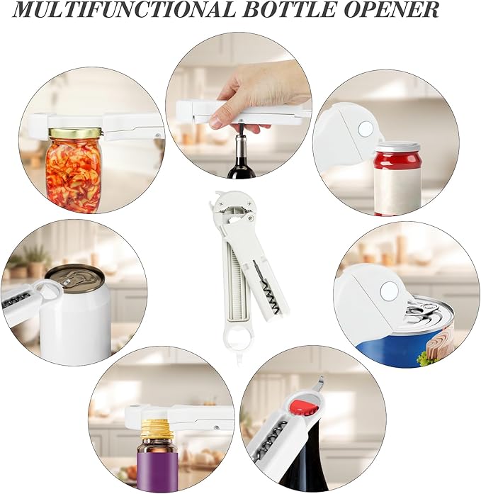 7 in 1 Jar Opener Bottle Opener and Wine Opener for Seniors with Arthritis, Weak Hands, Multi Retractable Magnetic Can Opener, Original Kitchen Lid Opener Tool (White)