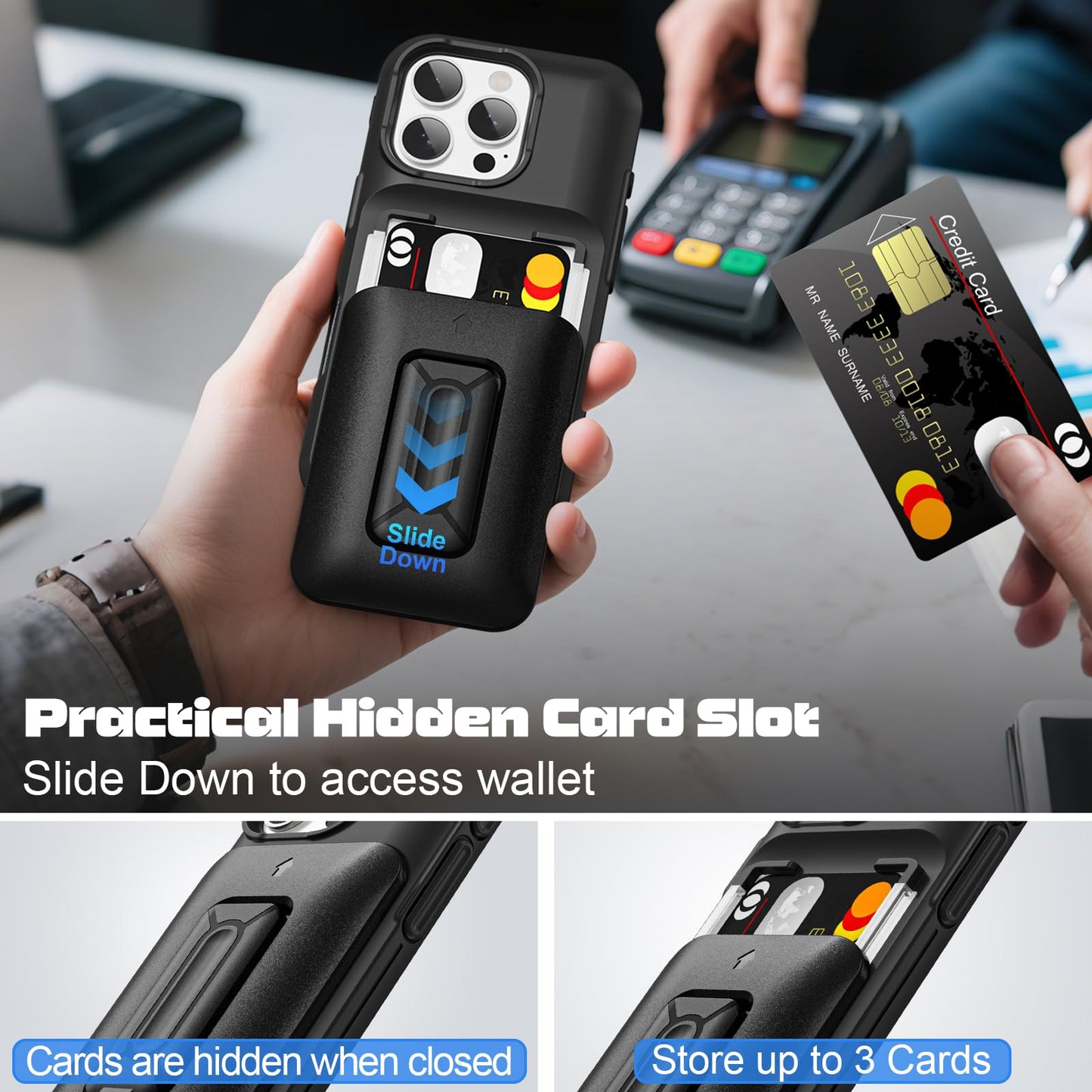 Samonpow For Iphone 16 Pro Case Wallet With Card Holder [3 Cards] & Stand Heavy Duty Protective Shockproof Hidden Card Slot Wall