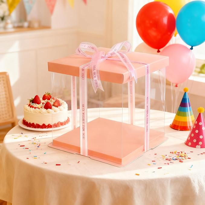 XININSUN Clear cake Box,10" X 10" X 9" with ribbon and pre-folded lid, for 8" cake carrier, baking cookie display, Carry Tall Layer Gift, Festive Gift Box -Pink
