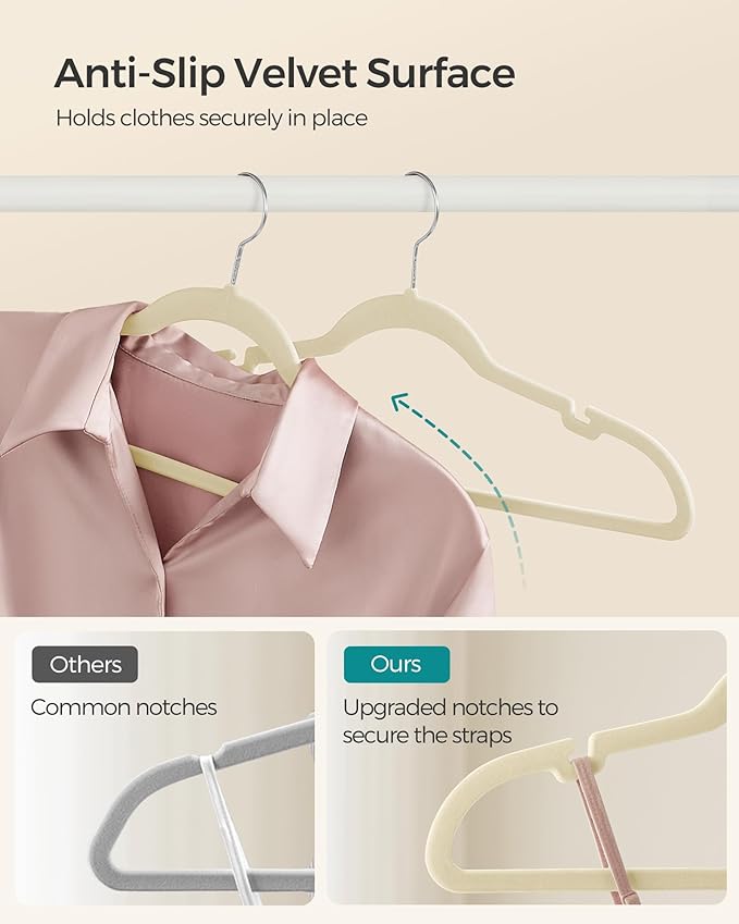 SONGMICS Velvet Hangers 100 Pack, Non-Slip Clothes Hangers with Shoulder Notches, Pants Bar, 360° Swivel Hook, Space-Saving, for Closet, Summer Sand UCRF029K100