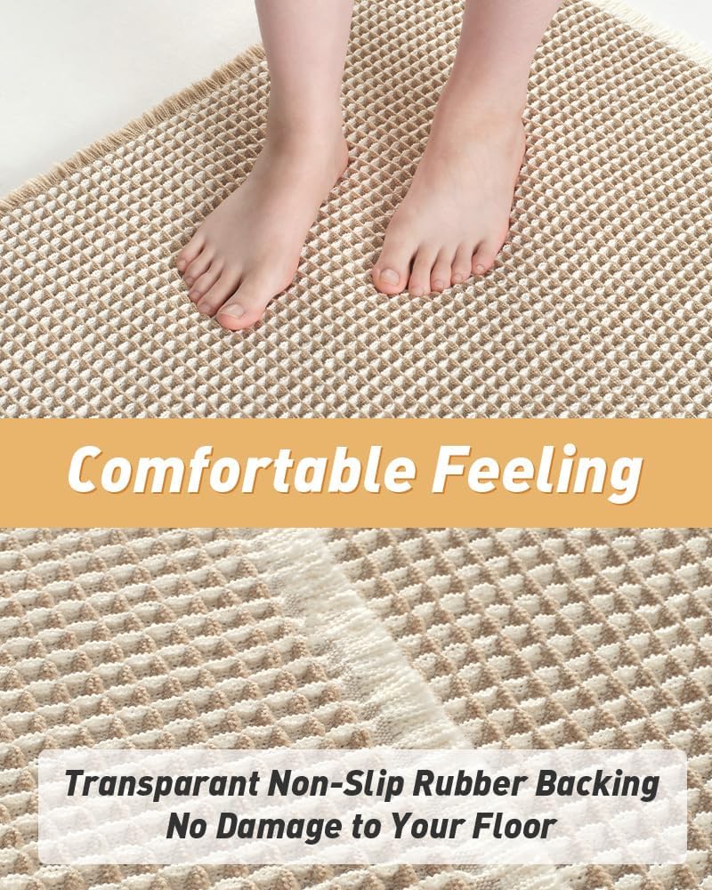 AMOAMI Upgraded Waffle Runner Rug Super Absorbent Non Slip Bath Mats for Bathroom Machine Washable Bathroom Runner Rug with Tassels, Ideal for Hallway Bedroom Laundry Room, 17" x 48", Brown & Cream