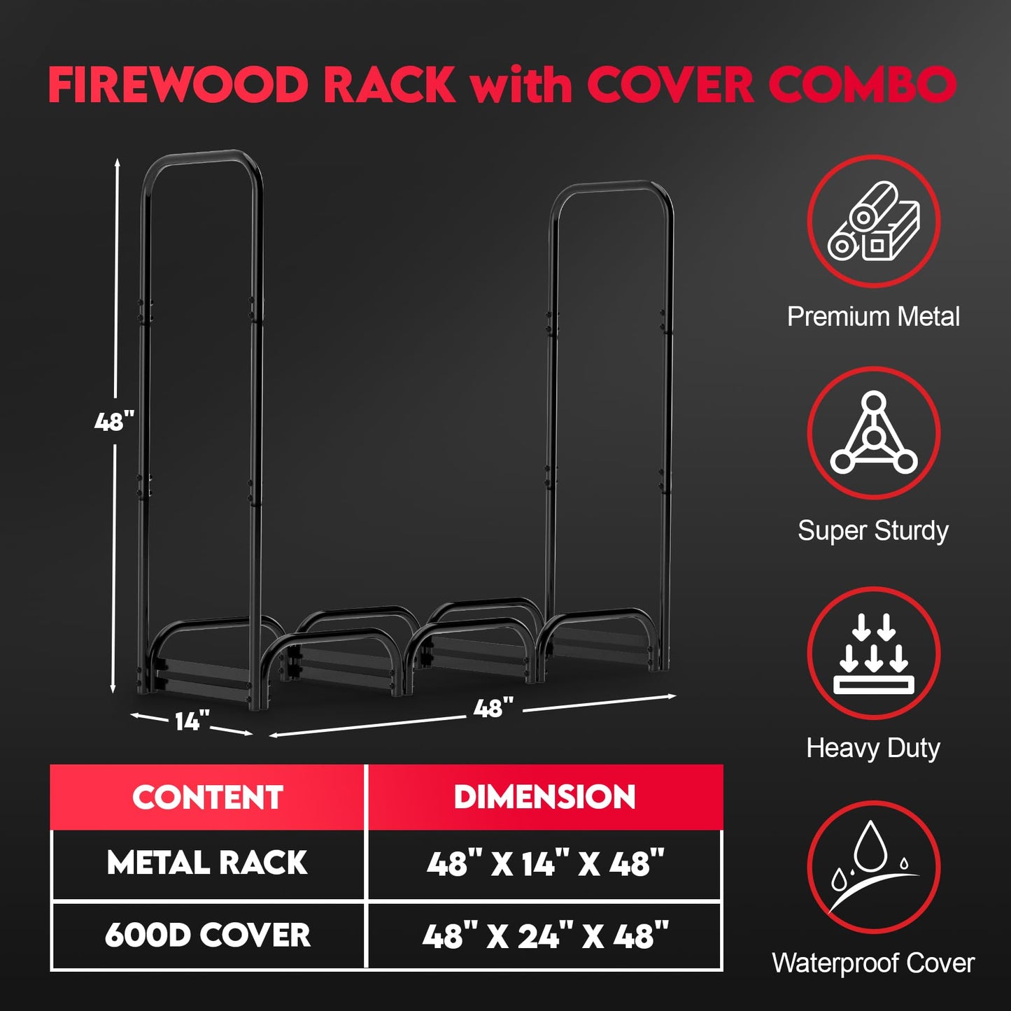Zettum 4ft Firewood Log Rack with Cover - Outdoor Wood Stand Holder with Cover Heavy Duty, 4 Feet Metal Fire Wood Pile Organizer and Cover Combo Set for Fireplace Storage (48 x 14 x 48 Inch)