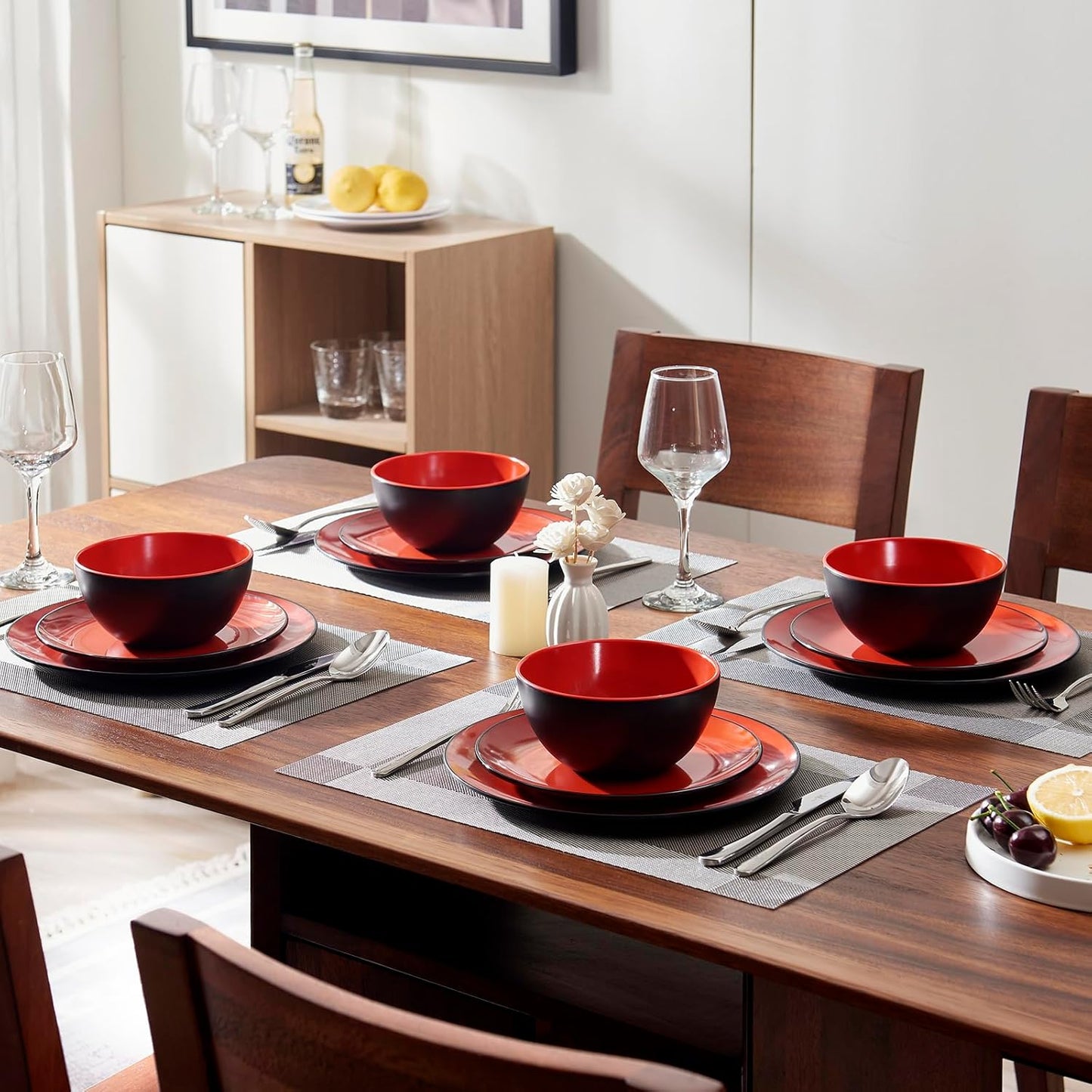 TP 12-Piece Dinnerware Set, Melamine Dishes Set with Bowls and Plates, Non-breakable and Lightweight Dinner Service for 4, Matt Black and Red