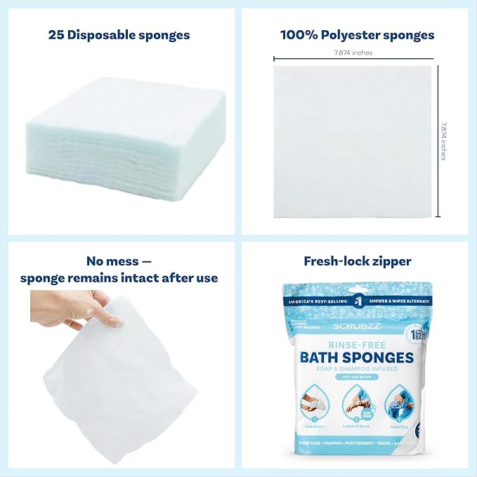 Scrubzz Disposable No Rinse Bathing Wipes - All-in-1 Single Use Shower Wipes, Simply Dampen, Lather, and Dry Without Shampoo or Rinsing (Unscented, 3-Pack)