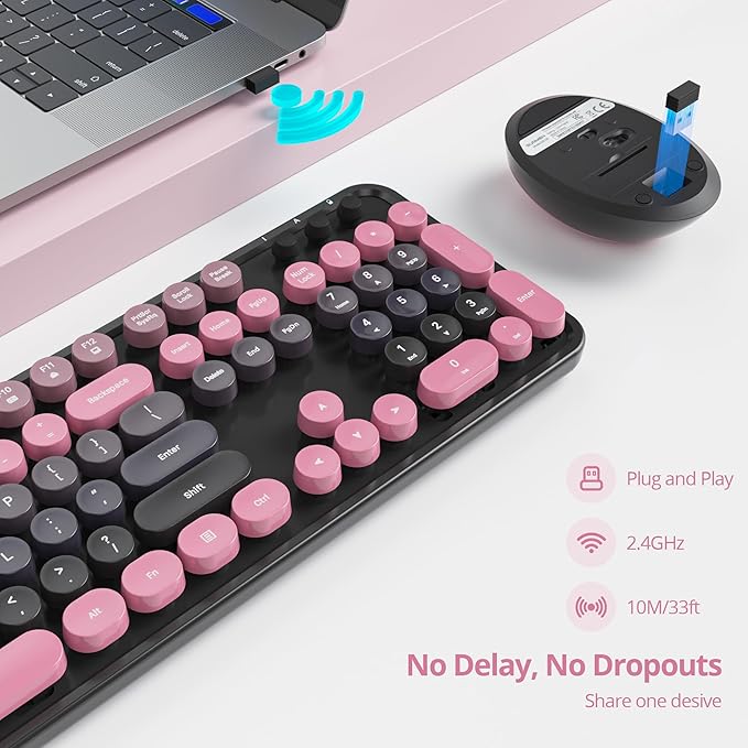 Wireless Keyboard and Mouse Set, Retro Typewriter, 2.4GHz Full Size 104-Key Cute Keyboard with Number Pad, Colorful with Round Keycaps for Windows PC Laptop(Berry Powder)