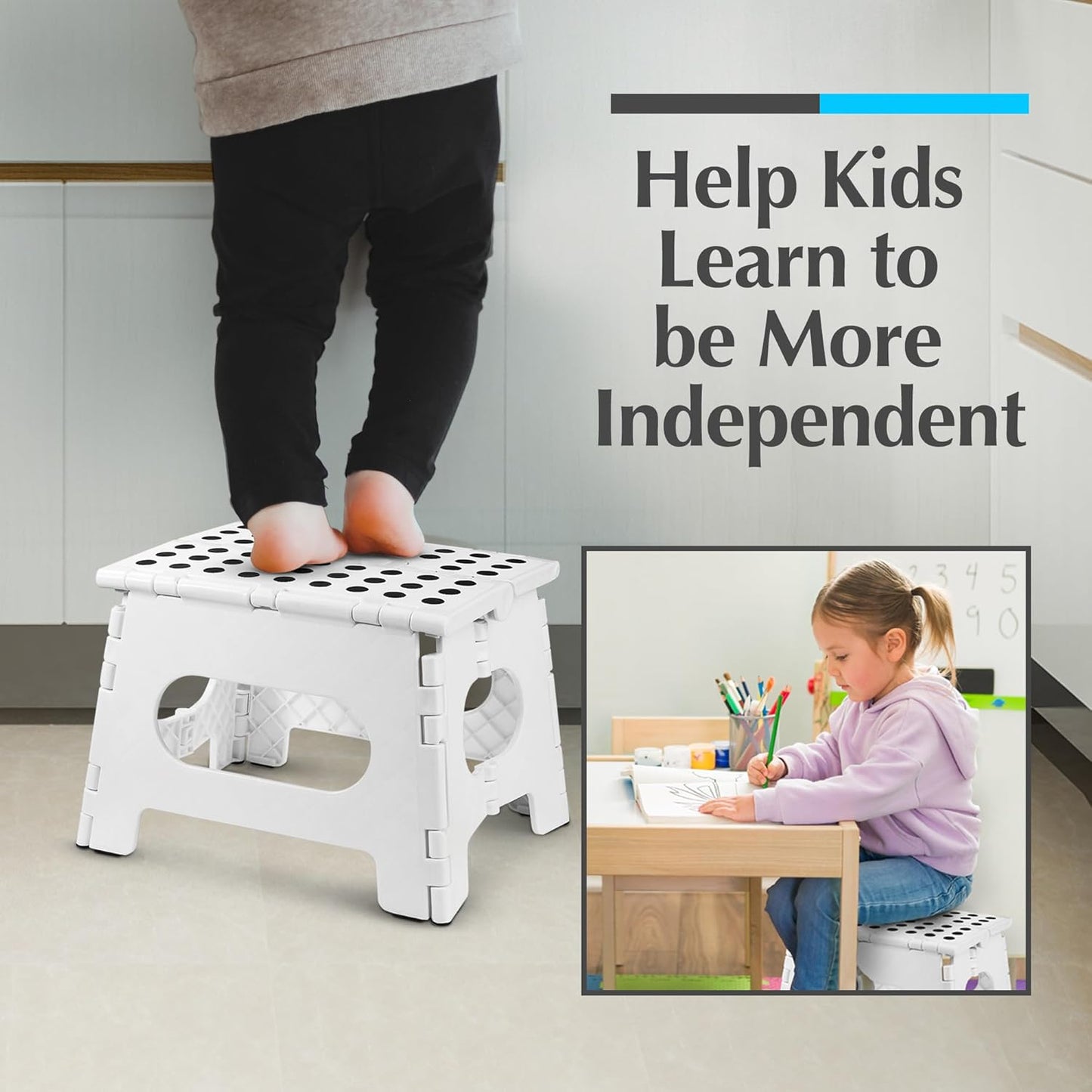 Handy Laundry Folding Lightweight Step Stool - Sturdy Enough to Support Adults and Safe Enough for Kids - Opens Easy with One Flip. Great for Kitchen, Bathroom or Bedroom (White)