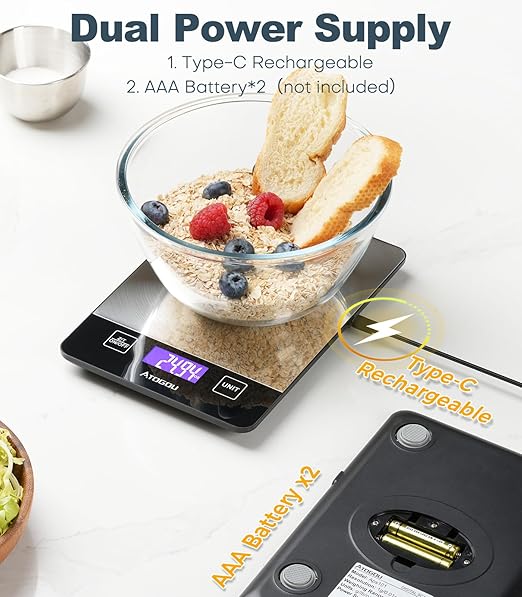 Atogou Food Scale, 33lb Rechargeable Kitchen Scale with Full-View Backlit LCD Display, Waterproof Stainless Steel Surface, Type-C Charging, Grams and Ounces for Baking, Cooking, Food Black