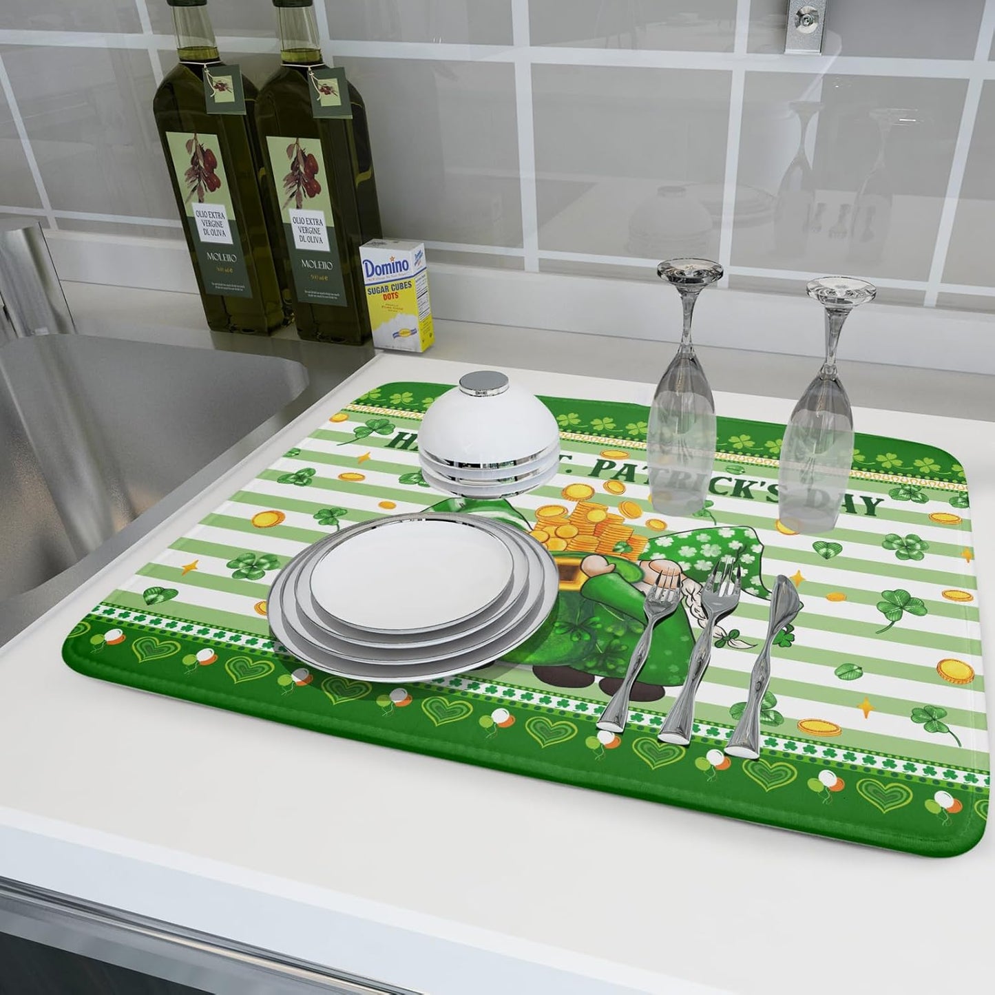 Shamrock Gnome Dish Drying Mat Coin Clover Dishes Fast Dry Mat 18x24 inch Absorbent Microfiber Dishware Drainer Pad for Kitchen Counter Sink