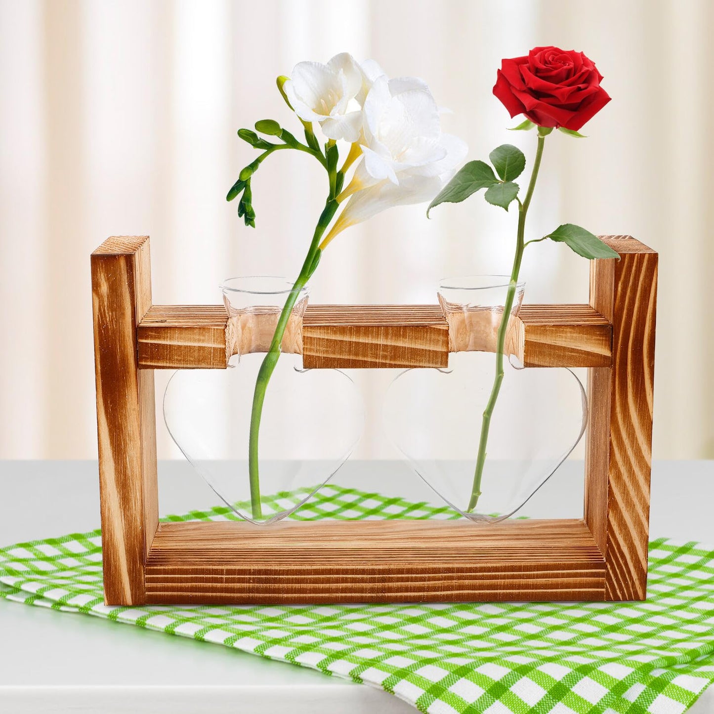 CORHAD Heart-Shaped Glass Plant Terrarium with Wooden Stand, Hydroponic Vase for Home and Office Décor, Creative Glass Flower Vase for Live Plants, 2pcs Set