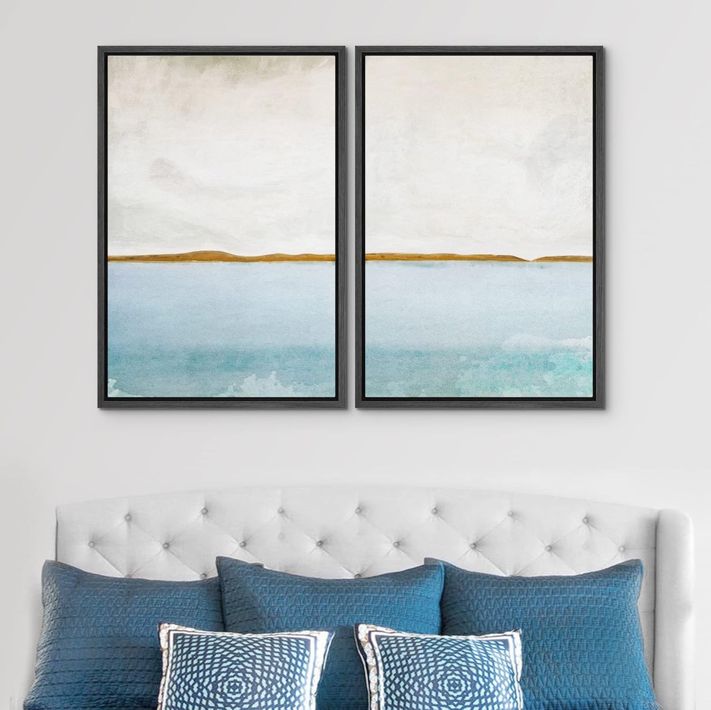 SIGNWIN Framed Canvas Print Wall Art Set Gold Blue Ocean Sea Beach Landscape Nature Wilderness Illustrations Modern Art Decorative Rustic Chic for Living Room, Bedroom, Office - 16"x24"x2 Black