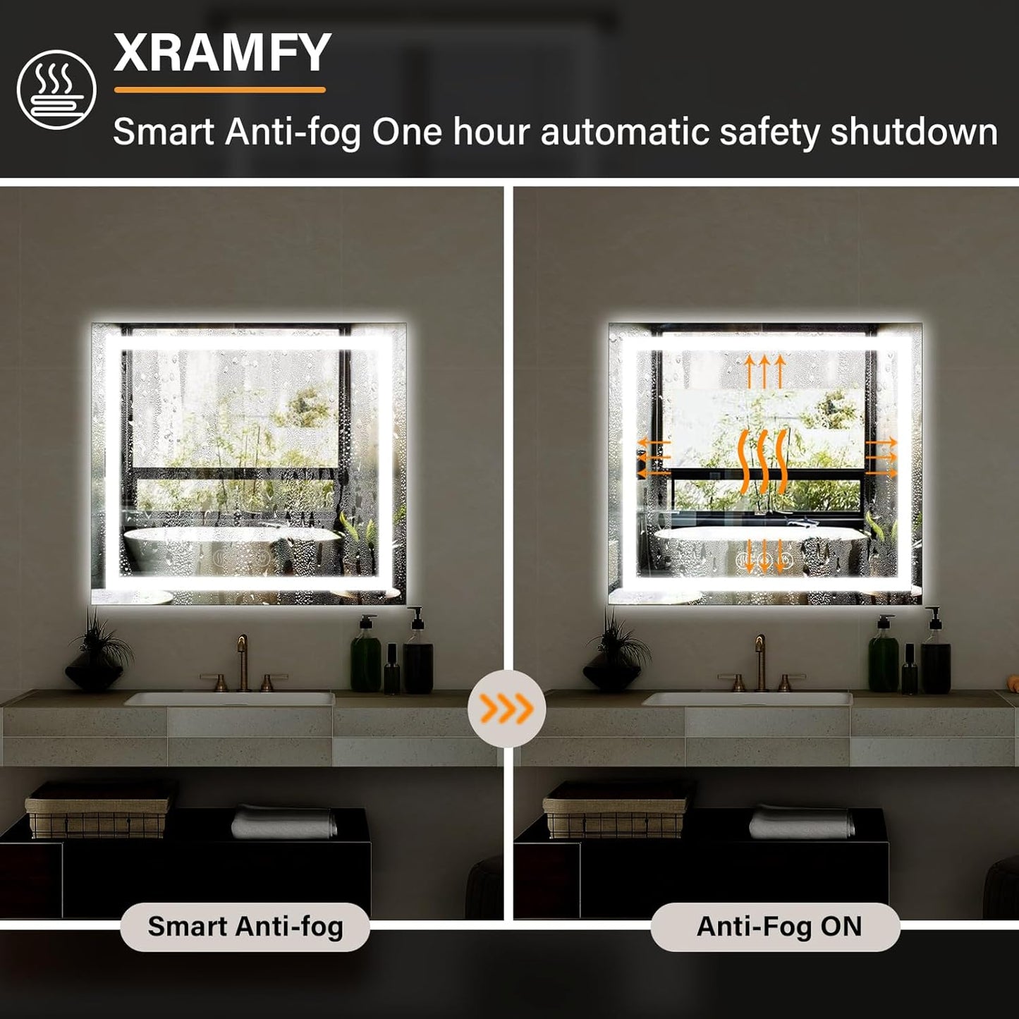 36x36 LED Bathroom Mirror, Backlit + Front Lit, LED Bathroom Mirror with Lights for Wall, 3 Colors, Anti-Fog, Dimmable Brightness, Memory Function, Tempered Glass