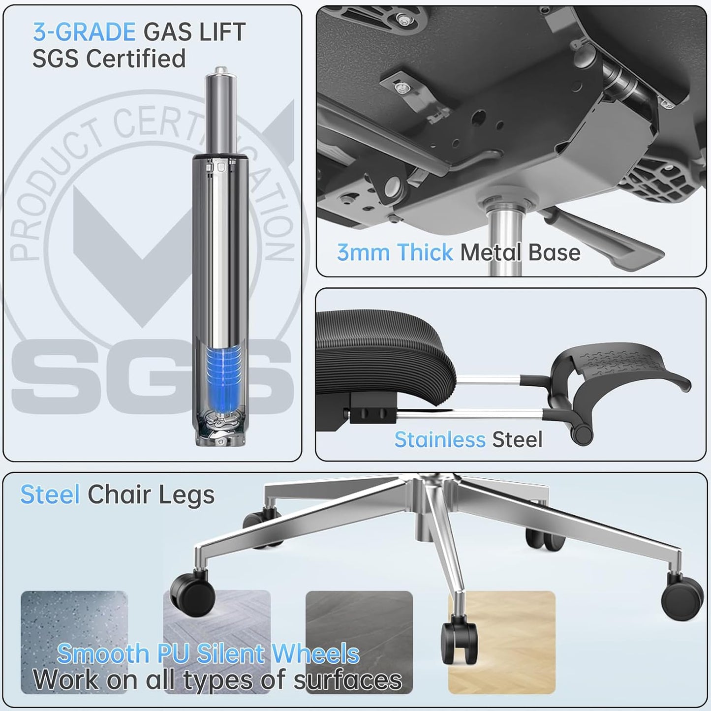 Ergonomic Office Chair, Adjustable Lumbar &Headrest, 3D Armrests, Silent Wheels, 145° Reclining Chair with Footrest, Large Steel Base, 350 LBS Swivel Desk Chair