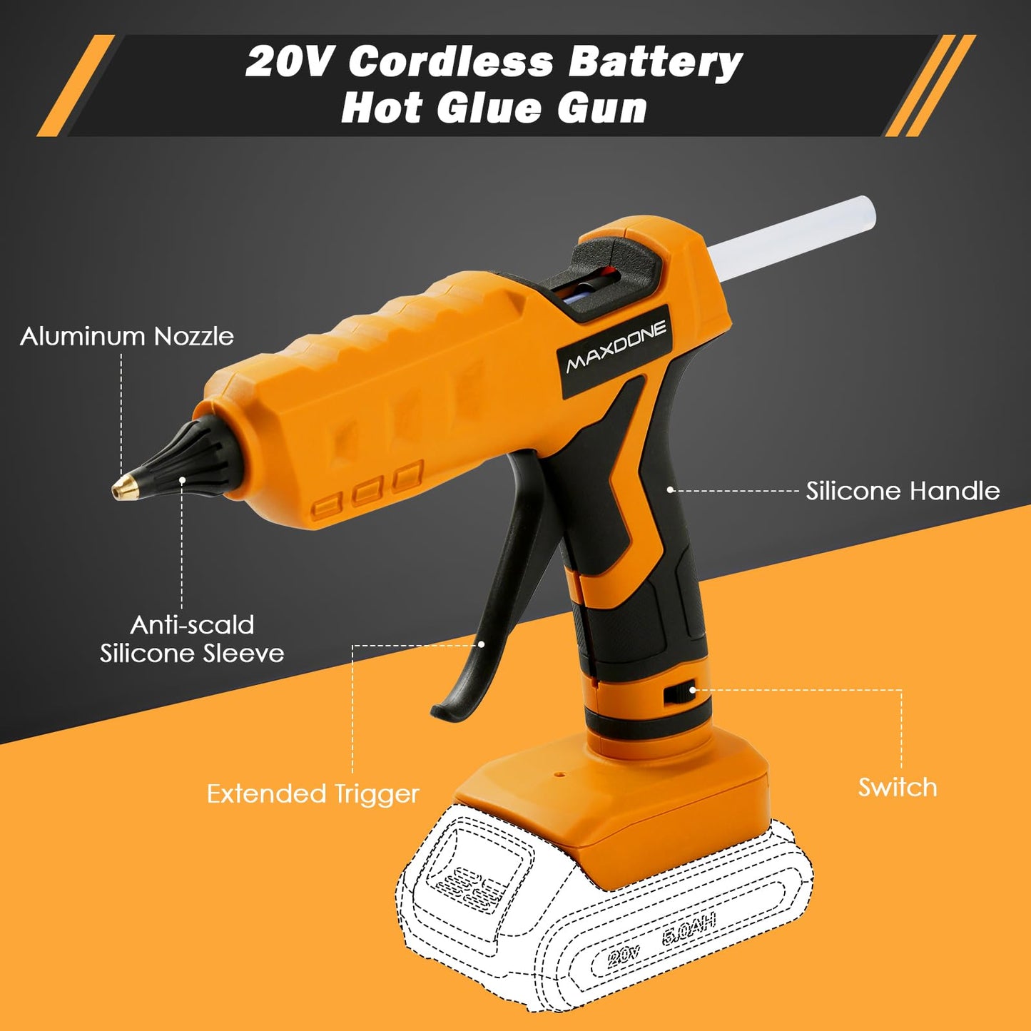 100W Cordless Hot Glue Gun for DeWalt 20V MAX Battery (Tool Only) Wireless Power Glue Gun Full Size with 12pcs Glue Sticks(0.43")(11mm) for Art DIY Craft Home Repair School(Battery Not Included)