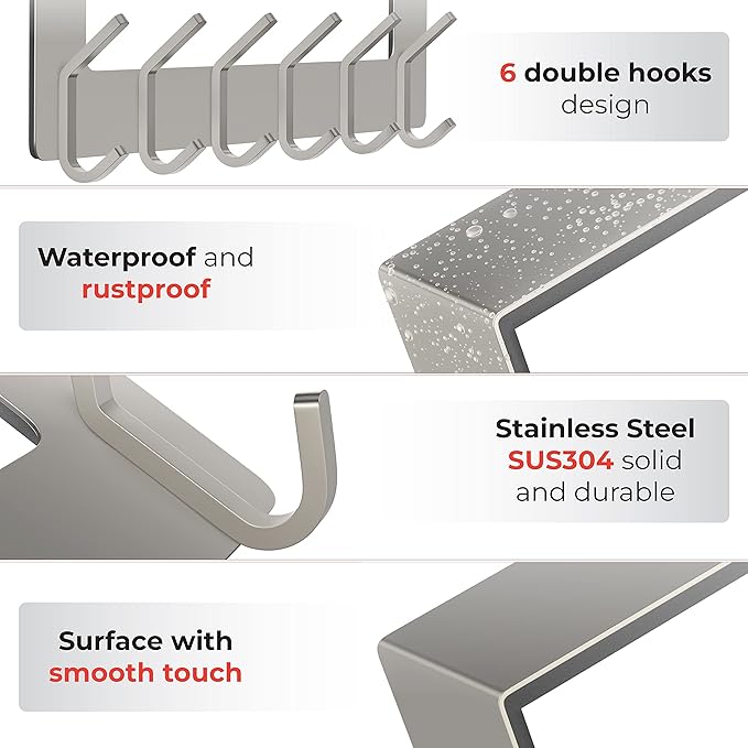 Brushed Nickel Over The Door Hooks – Heavy Duty Stainless Steel Door Hanger with 6 Double Hooks for Hanging Towels, Coats, Robes, Hats, Bags – No Drill Over Door Towel Rack for Bathroom & Bedroom