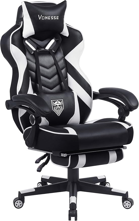 Vonesse Gaming Chair, Big and Tall Gaming Chair with Footrest and Massage, Gaming Chairs for Adults with Lumbar Support, Ergonomic High Back Computer Chair with Pocket Spring Cushion (White/Black)