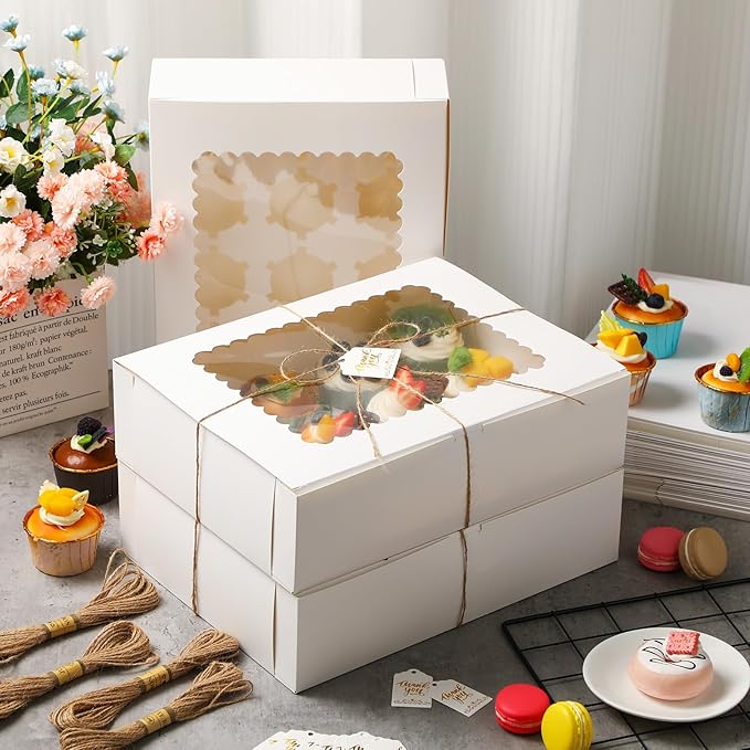 36 Pack Cupcake Boxes Hold 12 Count Christmas Disposable Cupcake Containers with Window and Cake Carrier with Thanks Card and Jute Rope to Muffins Cupcakes Cookies Gift Wrapping(White)