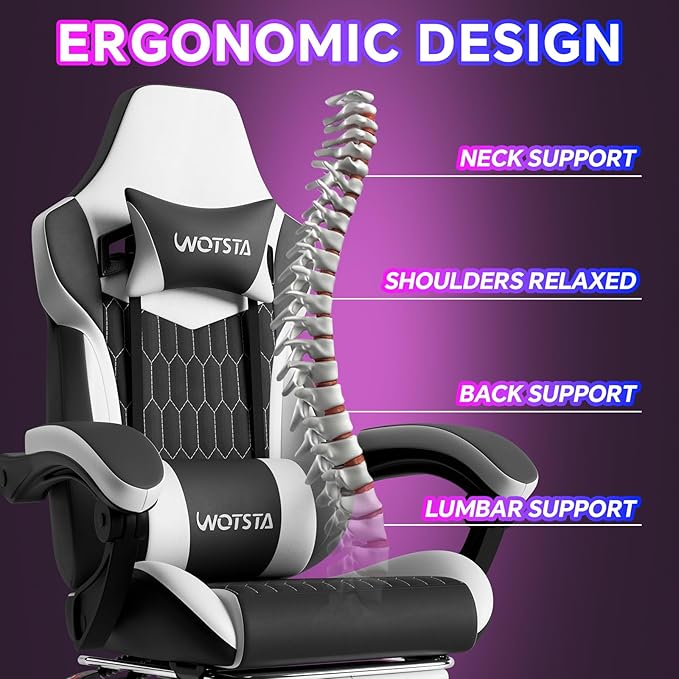 Gaming Chair with Footrest, High Back Gaming Chairs PVC Leather Ergonomic Gamer Chair with Adjustable Headrest Lumbar Support Racing Style Video Gaming Chair for Office/Home (Black White)