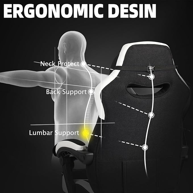 Vonesse Gaming Chair, Reclining Fabric Gaming Chairs for Adults 250LBS, Office Chair with Pocket Spring Cushion, Computer Chair with Footrest and Massage Lumbar Support (White/Black)