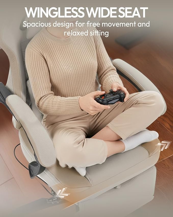 Dowinx Gaming Chair with Footrest, Breathable Fabric Gamer Chair with Gel Pad and Storage Bag, Ergonomic Office Chair with Lumbar Support for Home Task, Beige