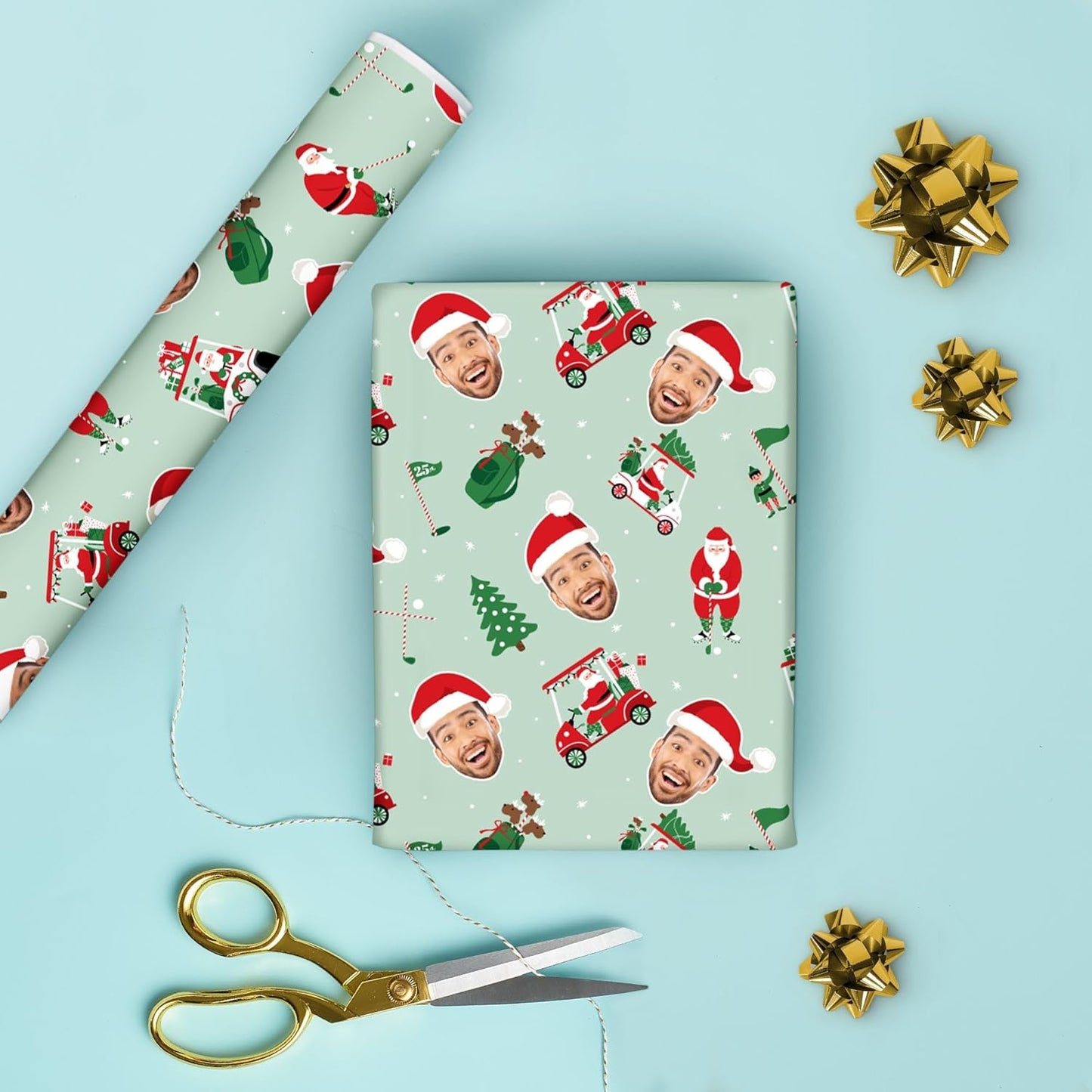 Big Dot of Happiness Custom Photo Golfing Santa Wrapping Paper, Personalized Golf Christmas Holiday Gift Wrap Roll, Funny Santa Hat Fun Face Christmas Gift Paper, 24 in x 7 feet, 1 Roll