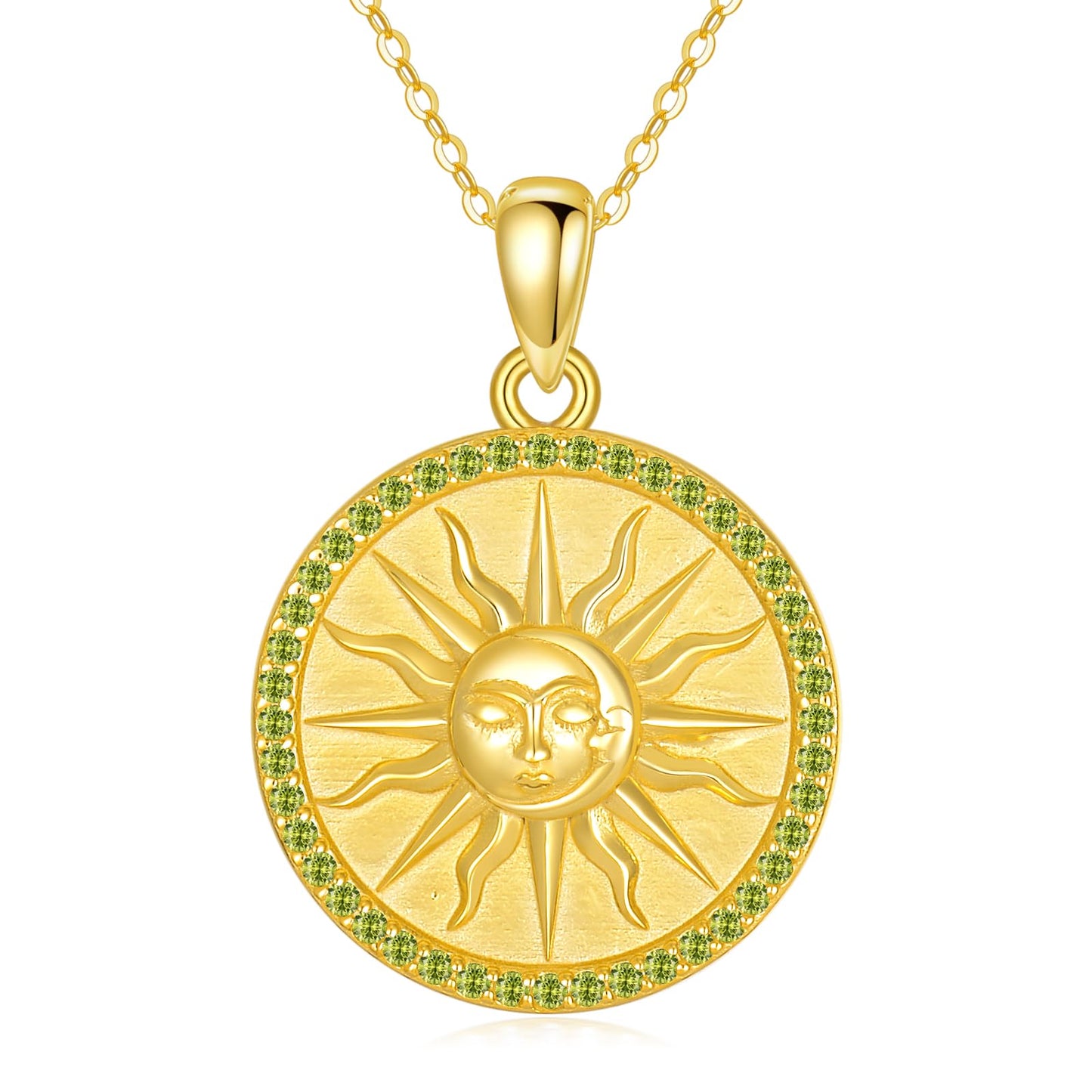 KQF Sun Coin Necklaces for Women Birthstone Jewelry Gift Sterling Silver Sun 18K Gold Plated Pendant August Jewelry Gift for Mom