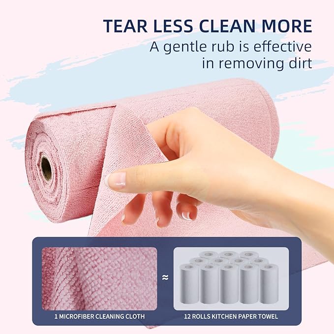 & PLUSH Microfiber Cleaning Cloth Roll - 70 Pack, Tear Away Microfiber Towels, 12" x 12", Reusable, Washable, Streak Free, Ultra Absorbent Dish Rags for Car, Home, Garage or Shop (Pink and Blue)