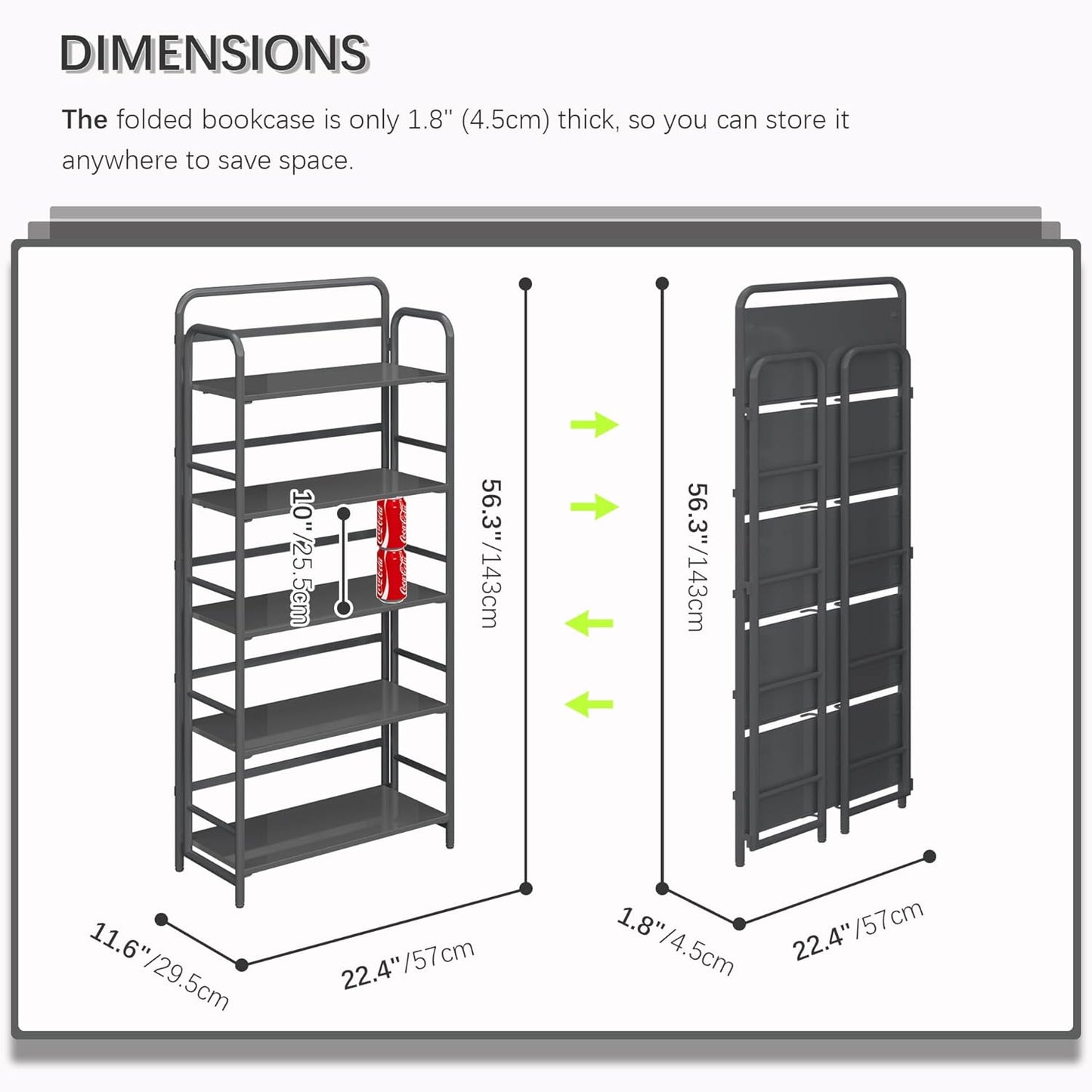 4NM No Assembly Folding Bookshelf 5 Tiers Vintage Industrial Black Book Shelf Metal Foldable Storage Bookcase and Bookshelves for Living Room,Bedroom and Kitchen - Black