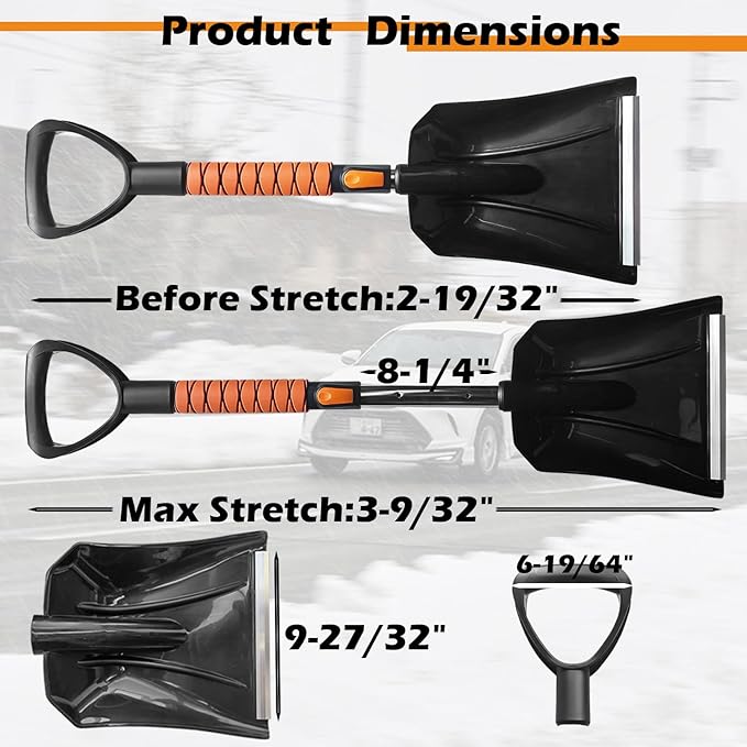 45'' Extendable Ice Brush and Ice Scraper 40'' Car Snow Shovel Snow Removal Tools 5 in 1 Foam Grip Snow Brush with Squeegee 180° Pivoting Brush Head for Cars Windshield,Vehicle,Trucks,SUVs