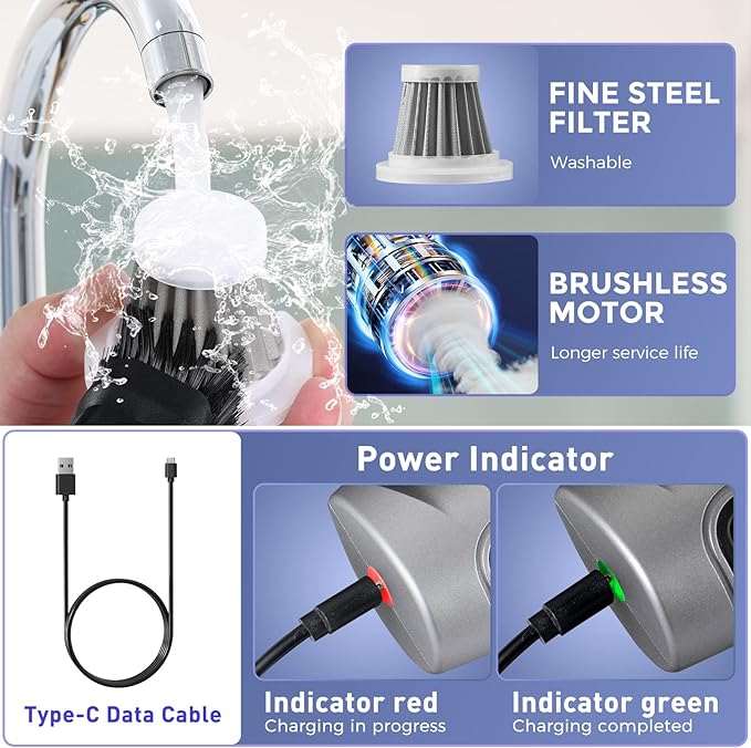 Saker Handheld Vacuum Cleaner Car Wireless Mini Vacuum Cleaner 3 in 1 Multifunctional Brushless Motor 12000PA,Portable Handheld Car Vacuum Cleaner for Keyboard Cleaning, Outdoor and Home
