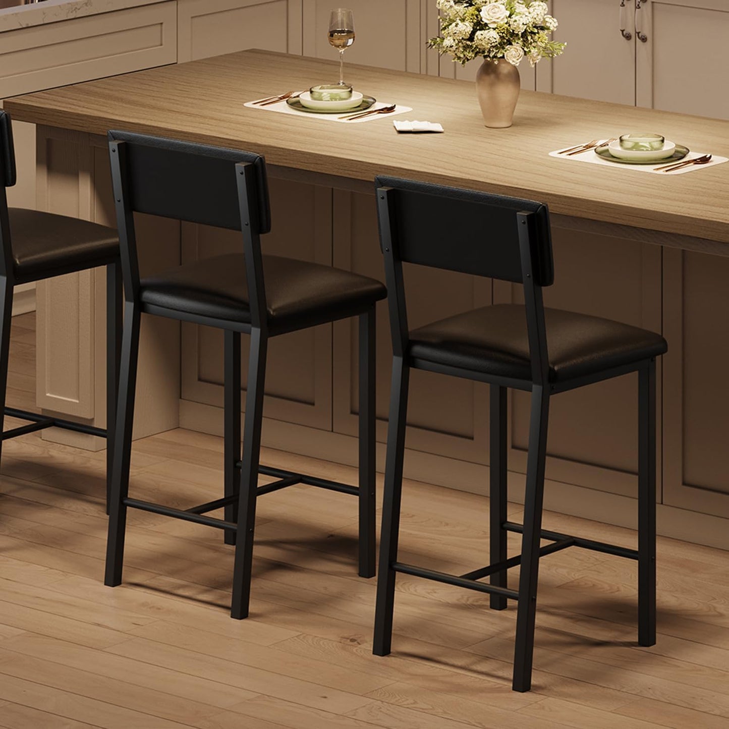 GarveeHome Bar Stools Set of 2, Counter Stools with Back and Thickened Metal Legs, Upholstered PU Leather Counter Height Barstools with Footrest, for Kitchen Island, Bar, Black