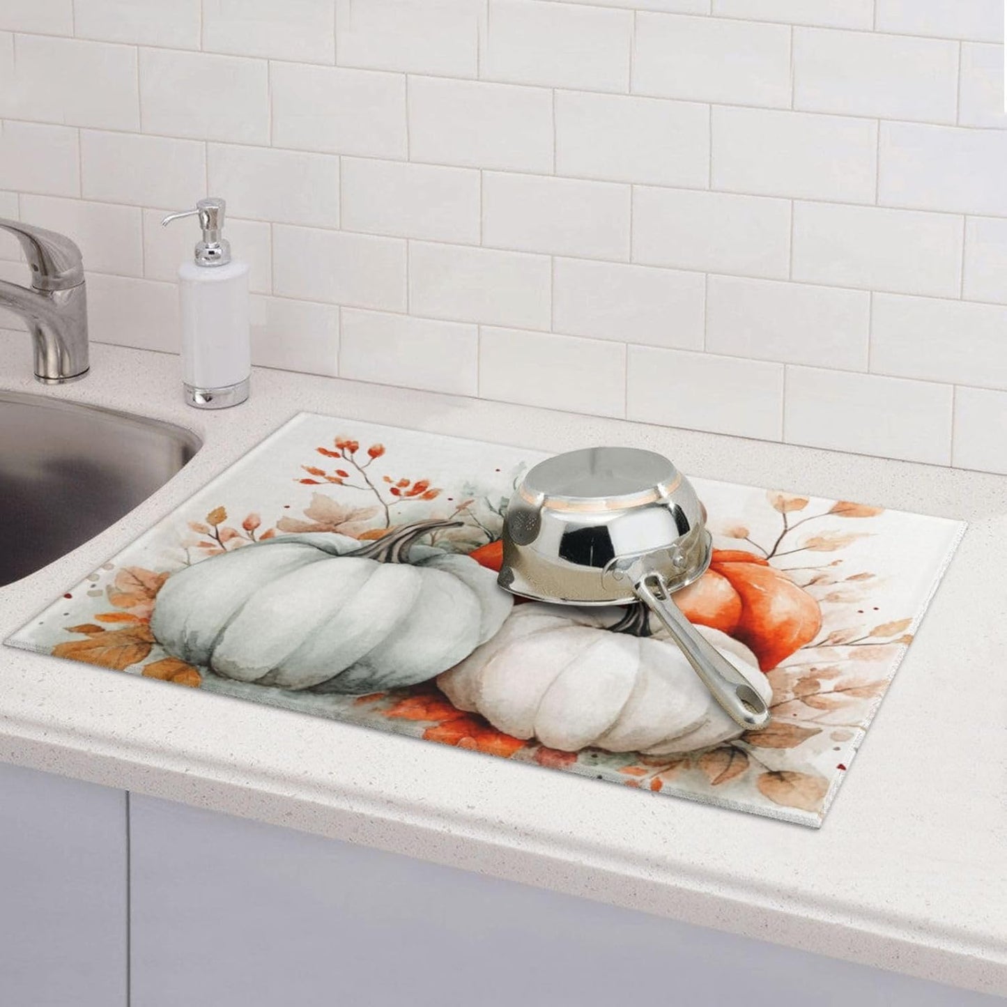 Dish Drying Mat for Kitchen Watercolor Pumpkin Fall Thanksgiving Counter Absorbent Dishes Drainer Microfiber Large 18x24 Inch