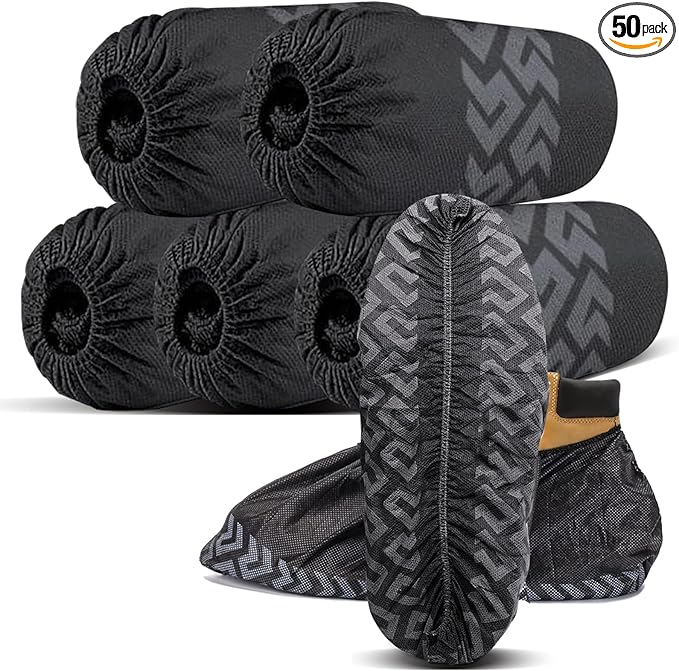 Shoe Covers Disposable 50 Pack (25 Pairs) - Durable, Non-Slip, Water Resistant, and Recyclable Boot Covers for Indoor and Outdoor Use - One Size Fits Most (Non-woven-Black)