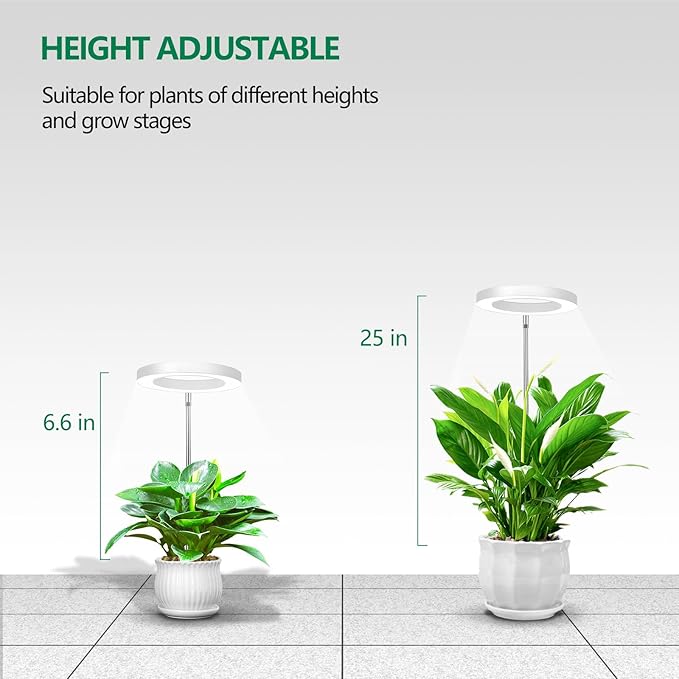 WaterRebirth 3.5 inch LED Grow Light for Indoor Plants, Full Spectrum Halo Plant Light with 3/9/12H Auto Timer, 10-Level Dimmable, Height Adjustable for Tall Plants