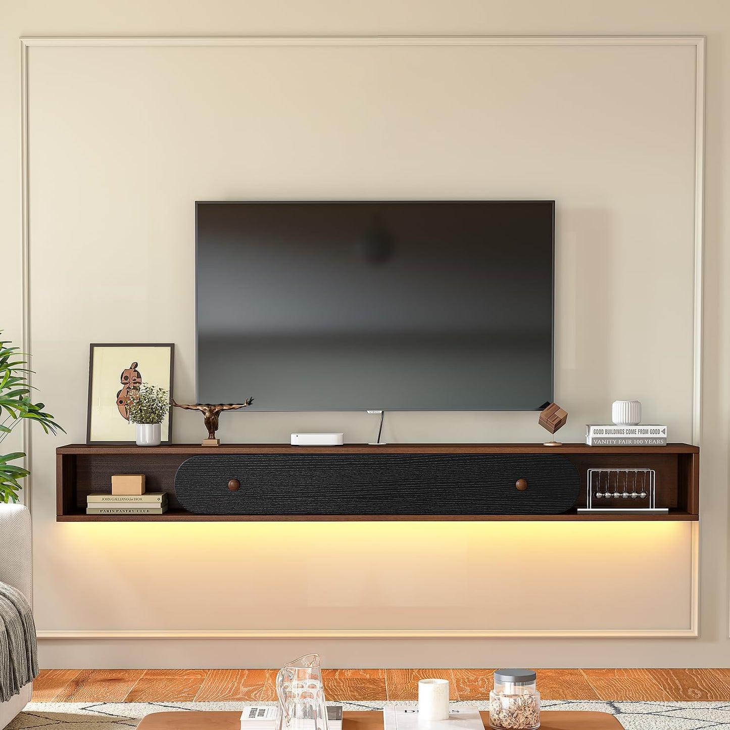 Floating TV Stand Wall Mounted 55'', Modern Media Console with 2 Open Cabinets and 1 Door,Wall Mount TV Console for Living Room Bedroom,Walnut and Black