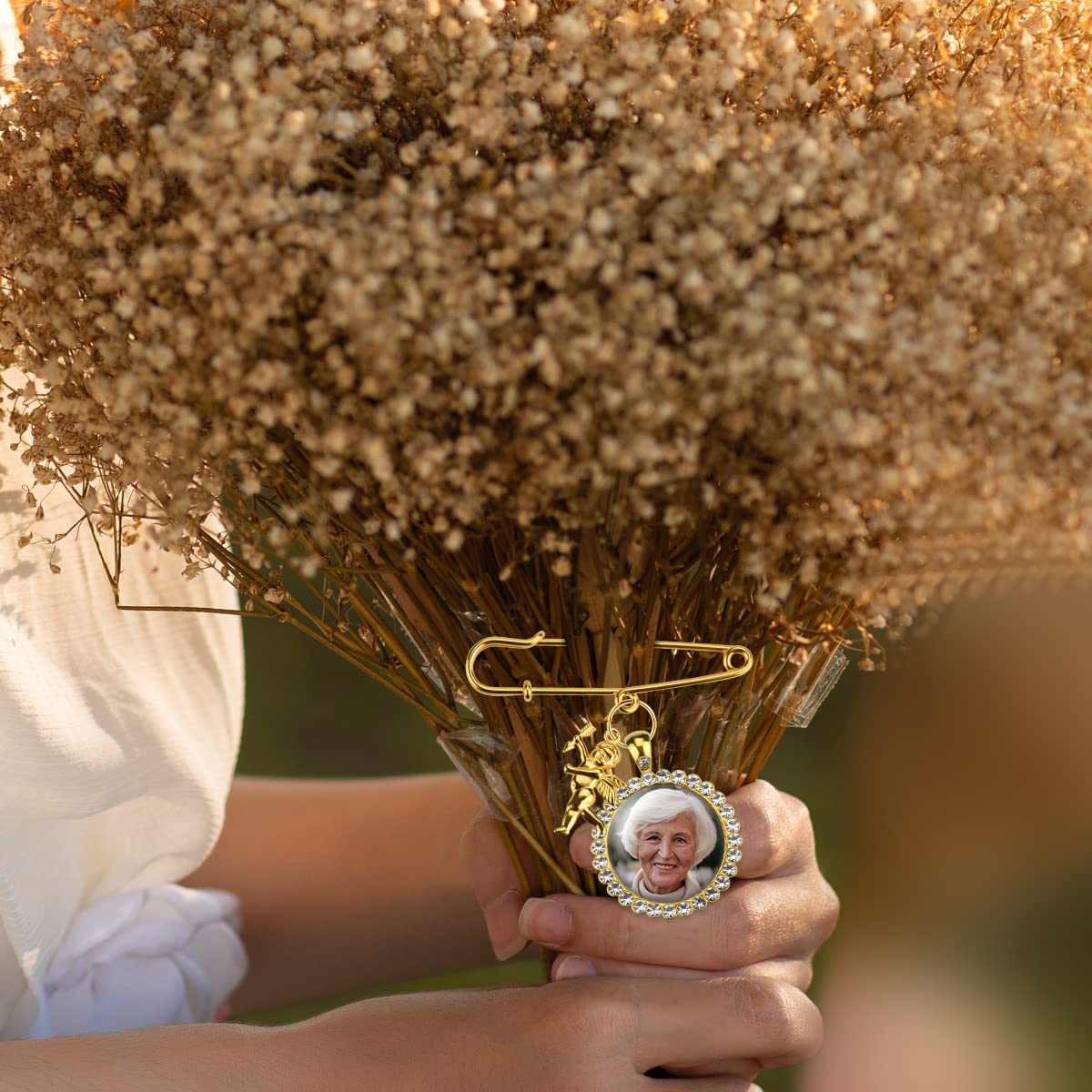 50PCS Wedding Bouquet DIY Photo Charm Rhinestone Pin Brooch Making Kit Memorial Picture Charm with Clear Glass Cabochons Cupid Pendant Jump Rings for Craft Jewelry Making
