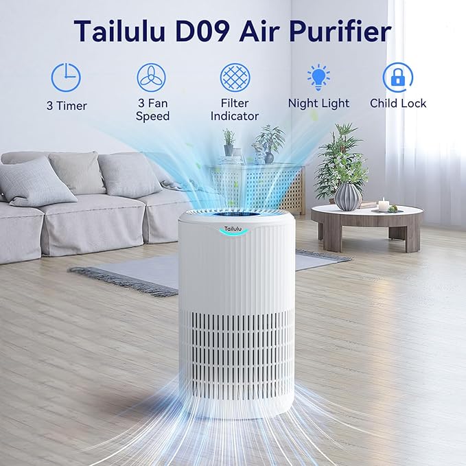 Air Purifiers for Home Large Room Up to 1500 Ft², Tailulu H13 HEPA Air Filter Cleaner, 360° Air Intake & Outlet,Smoke Dust Pollen,15dB Sleep Mode Air Purifiers for Bedroom Living Room, Kitchen, Office