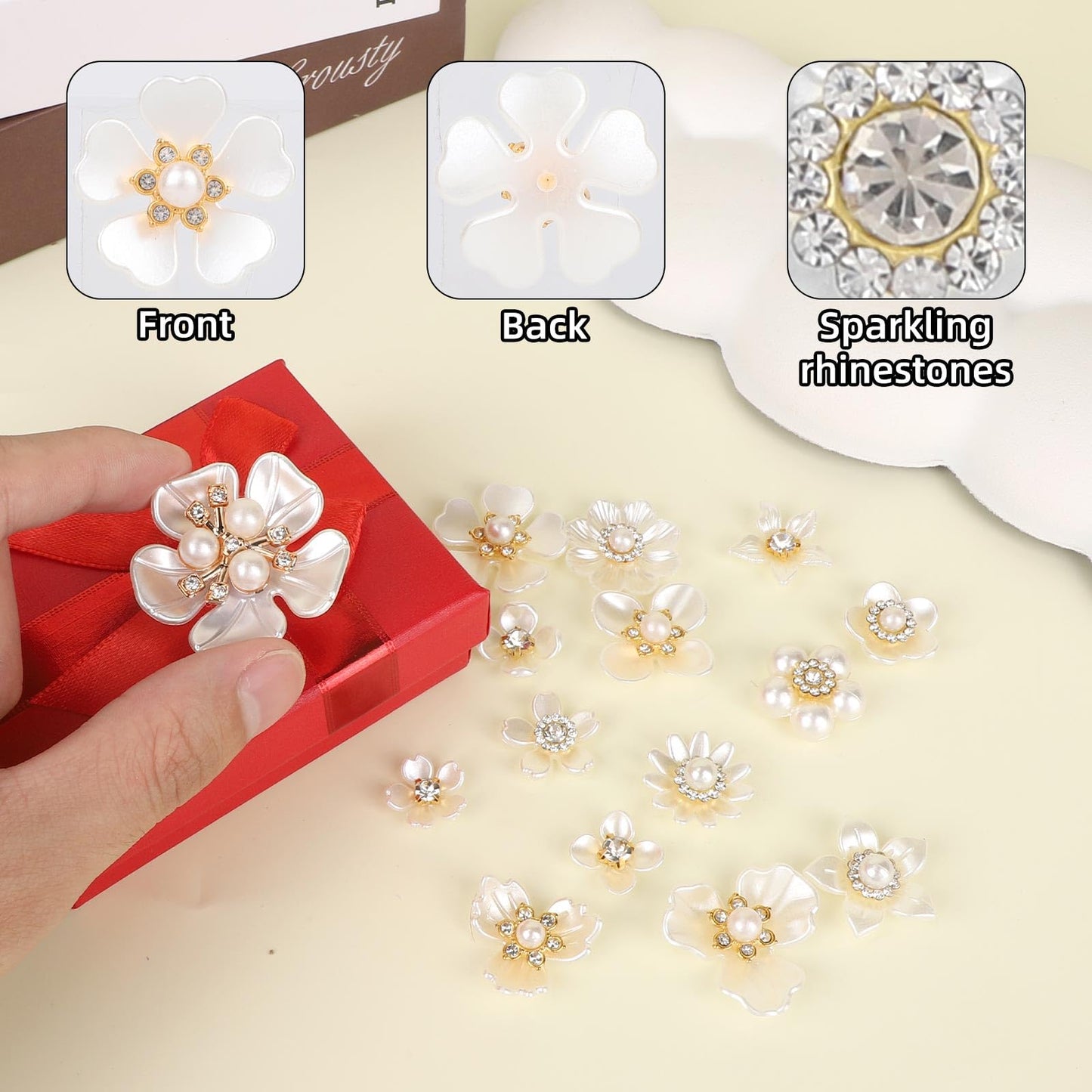 150pcs Rhinestone Pearl Buttons, 15 Styles Decorative Flat Back Flower Embellishments Faux Pearl Buttons for Crafts Jewelry Making Wedding Hair Accessories Bags Shoes Decor