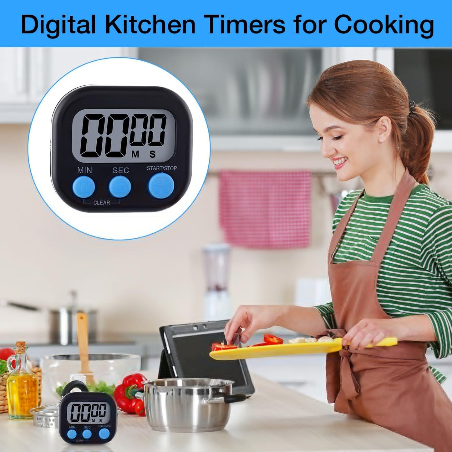 Leumoi 24 Pcs Digital Kitchen Timers Magnetic Back Timers Bulk Large Screen Loud Alarm On/Off Switch Minute Second Count up Countdown Memory Setting for Cooking Classroom Exercise(Black and Blue)