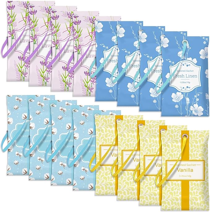 SCENTORINI Sachets for Drawers and Closets, Sachets Bags Long-Lasting, 16 Pack,Wardrobes, Lavender Linen Vanilla Cotton, Home Fragrance Sachet for Closet, Drawer, Wardrobe
