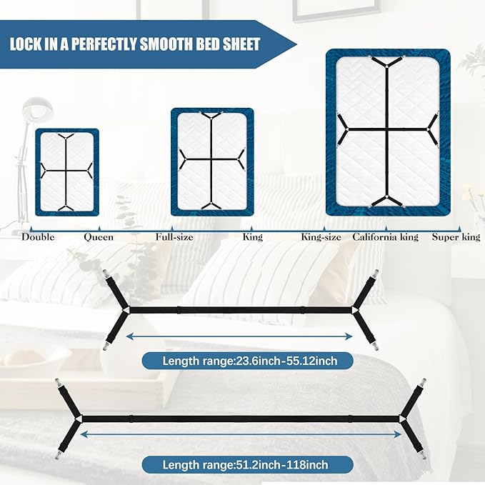4Pcs Bed Sheet Straps with Metal Clips, Sheet Holders Adjustable Elastic, Bed Sheet Grippers Upgrade for Crib to King Size Bed Keep Sheets in Place(Black)