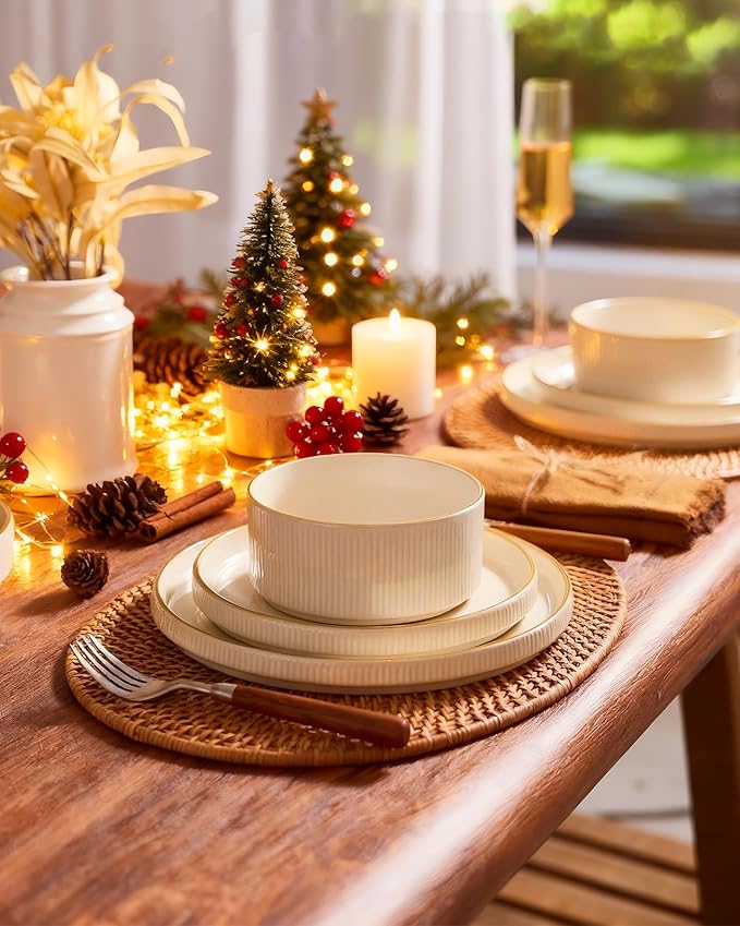 Famiware Star Dinnerware Set, Plates and Bowls Sets for 8 (24pcs), Ribbed Stoneware Dishes - Chip & Scratch Resistant, Microwave & Dishwasher Safe Tableware, White