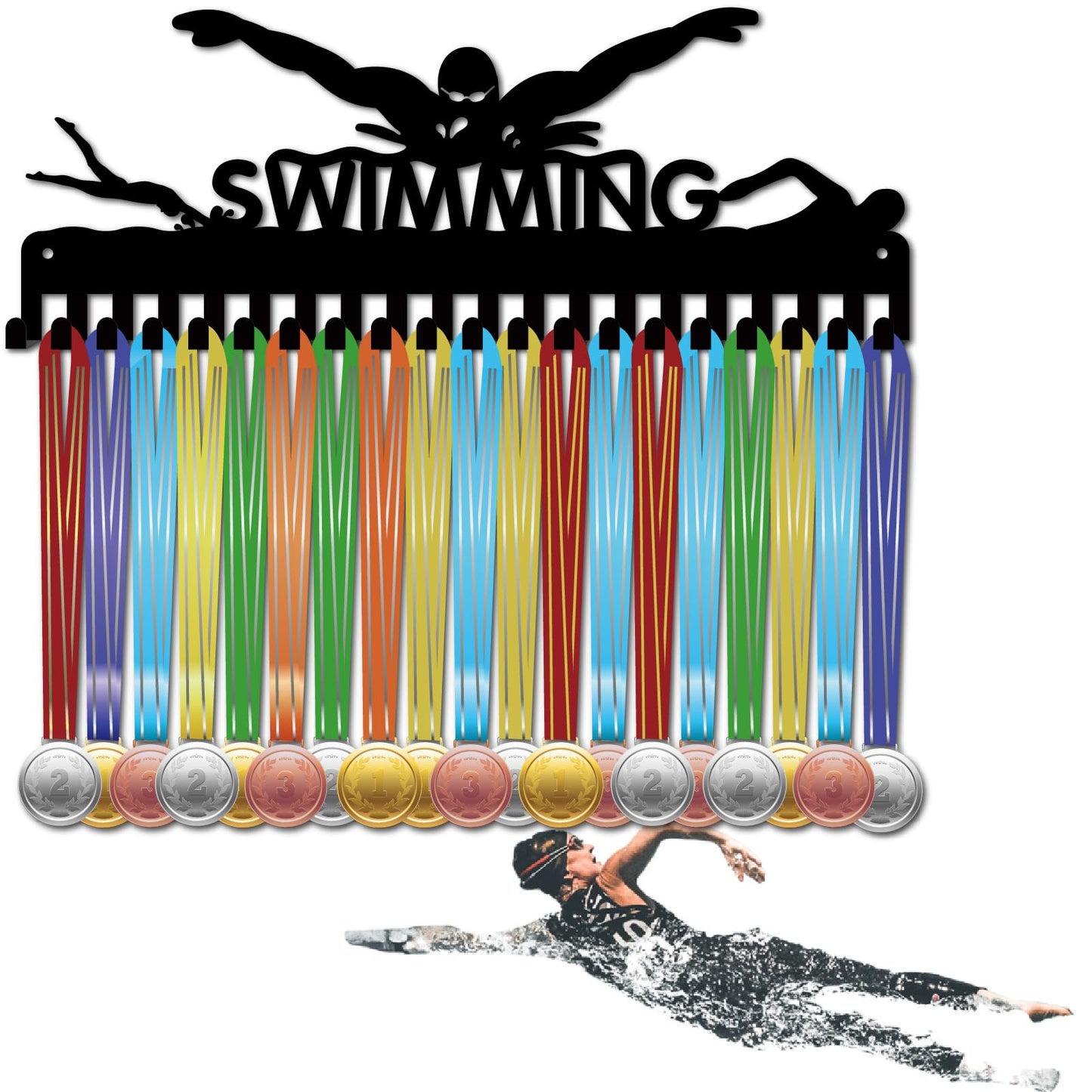 CREATCABIN Swimming Medal Holder Hanger Medals Hooks Sports Awards Display Rack Race Ribbons Organizer Black Metal Case Frame with 20 Hooks for Hanging Over 20 Medals Swimmer Medalist 15.7 x 5.9 Inch