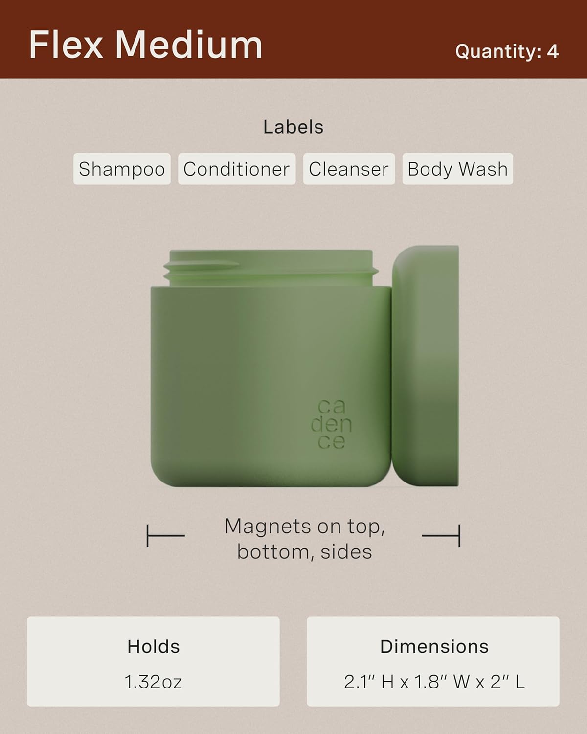 Cadence Travel Containers - Daily Routine Capsule Set - Magnetic Containers with Lids,4 Flex Mediums (1.32oz) & 3 Flex Smalls (0.56oz) - Shampoo, Conditioner, Body Wash, Pills, & More - Sand