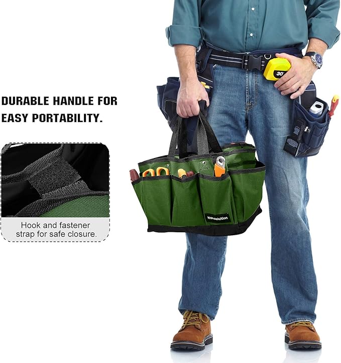Housolution Gardening Tote Bag, Deluxe Garden Tool Storage Bag and Home Organizer with Pockets, Wear-resistant & Reusable, 14 Inch, Dark Green
