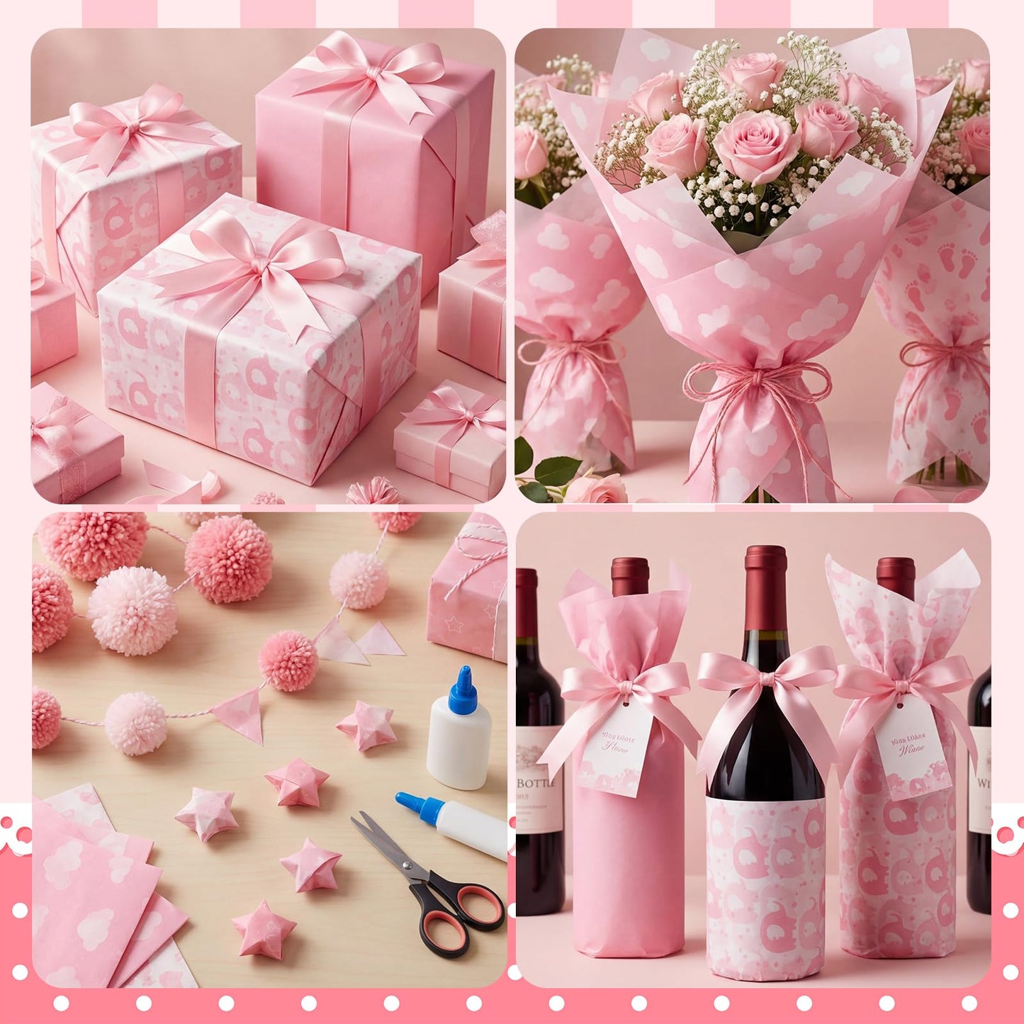 woric 120 Sheets Pink Tissue Paper Bulk Baby Shower Tissue Paper with Cute Design for Gift Bags DIY Crafts Baby Shower Girls Birthday, 14 x 20 Inch
