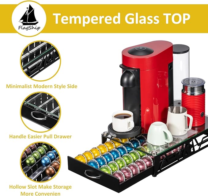FlagShip Vertuo Pod Holder- Modern Glass Top Coffee Capsule Organizer & Space-Saving Pod Storage for Coffee Machines, Generous 40 Vertuo Pods Capacity