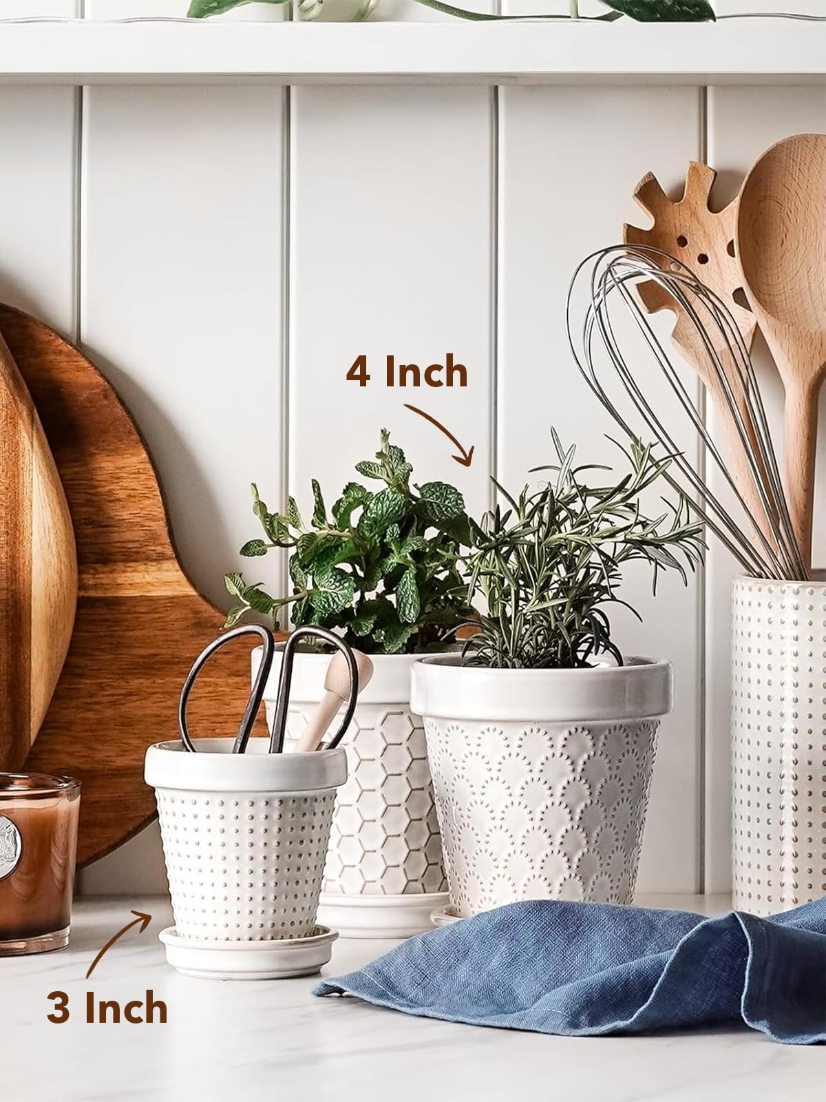 LE TAUCI 3 Inch Mini Succulent Pots - Very Small Ceramic Planter with Saucer, Tiny Embossed Flower Pots for Lithops, Mini Cactus, Air Plants, Fairy Gardens - Indoor Home Decor, Set of 4, Arctic White